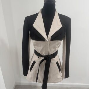 Bebe 3/4 length black and tan trench coat with zipper and belt